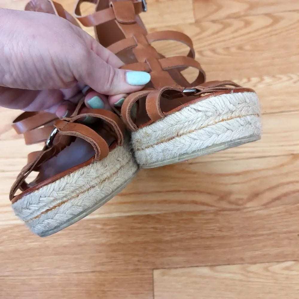[SOLD] Coach Cognac Brown Leather Caged T-Strap Espadrille Wedge Strappy Sandals - Picture 6 of 16